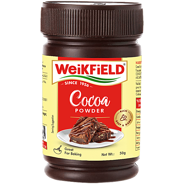 Weikfield Cocoa Powder - Low Fat Pure Cocoa Powder, 50 g Polyjar - GROFOO