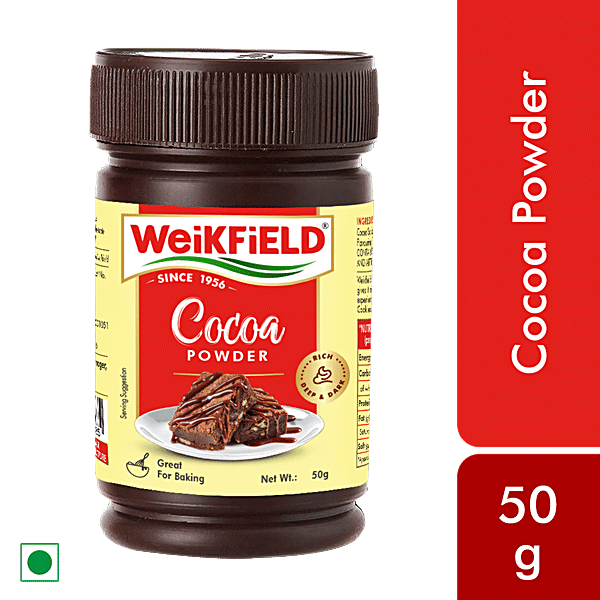 Weikfield Cocoa Powder - Low Fat Pure Cocoa Powder, 50 g Polyjar - GROFOO