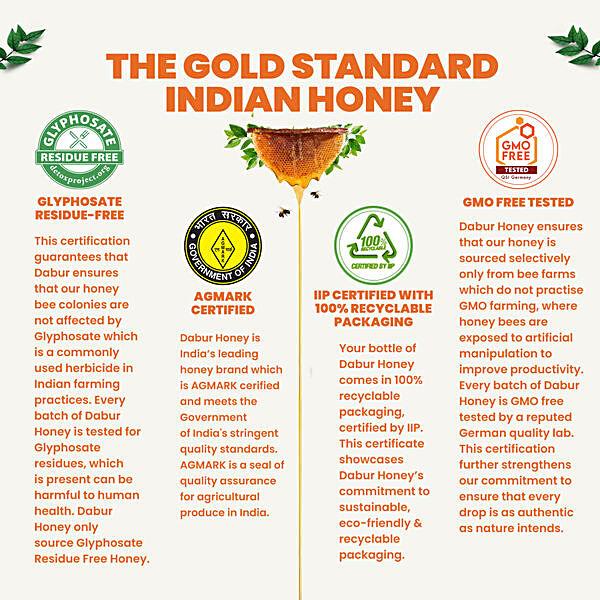 Dabur 100% Pure Honey - Worlds No.1 Honey Brand With No Sugar Adulteration, 50 g Bottle - GROFOO