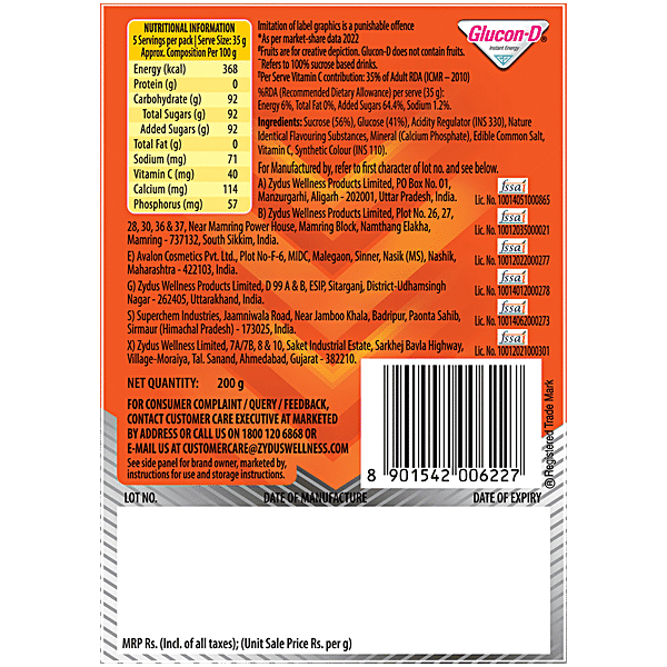 Glucon-D Instant Energy Nutrition Drink - Tangy Orange, 200 g Refill - GROFOO