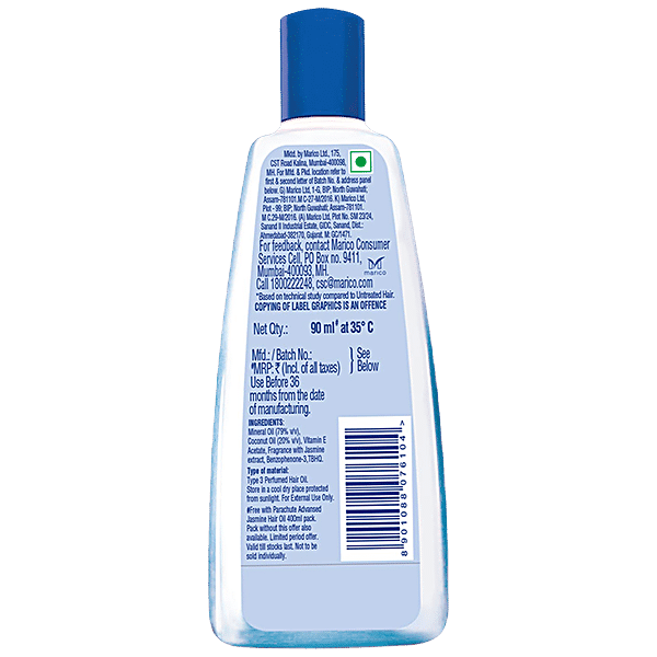 Parachute  Advansed Jasmine Coconut Hair Oil With Vitamin E - Non-Sticky, For Healthy Shiny Hair, 90 ml Bottle - GROFOO