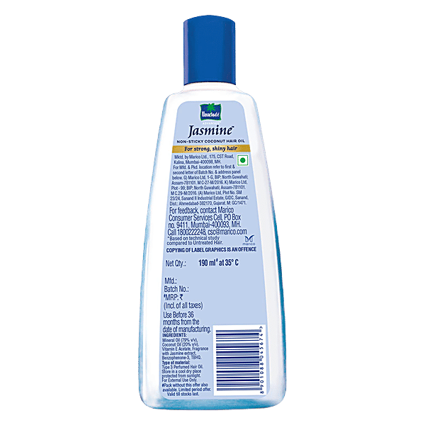 Parachute  Advansed Jasmine Coconut Hair Oil With Vitamin E - Non-Sticky, For Healthy Shiny Hair, 190 ml - GROFOO