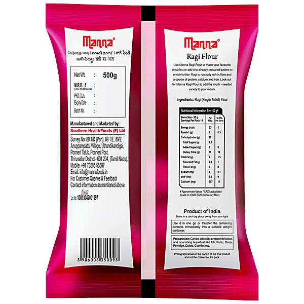 Manna Ragi Flour/Ragi Hittu, 500 g Pouch - GROFOO