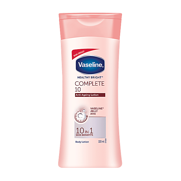 Vaseline Healthy Bright Complete 10 Anti-Ageing Body Lotion - 10 In 1 Skin Benefits + Vaseline Jelly, AHA, Non-Greasy, 100 ml - GROFOO