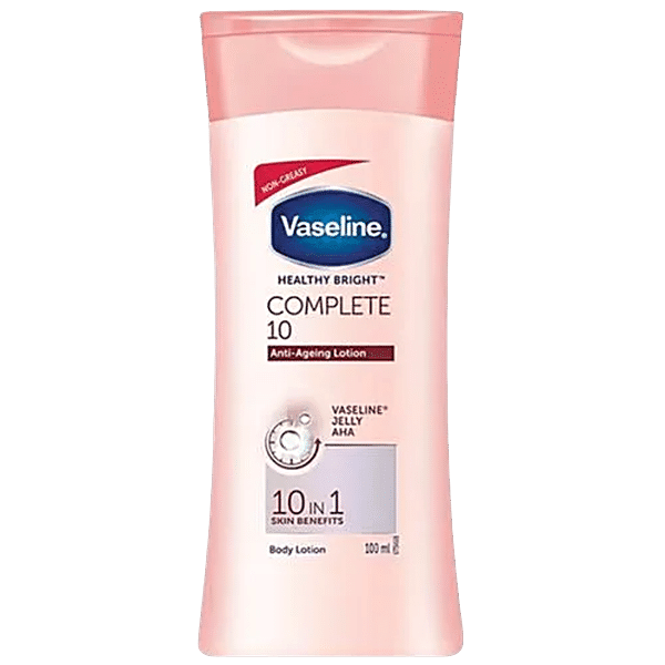 Vaseline Healthy Bright Complete 10 Anti-Ageing Body Lotion - 10 In 1 Skin Benefits + Vaseline Jelly, AHA, Non-Greasy, 100 ml - GROFOO