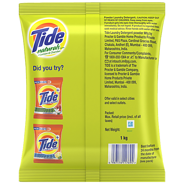 Tide Naturals Washing Detergent Powder - Lemon & Chandan, 1 kg - GROFOO