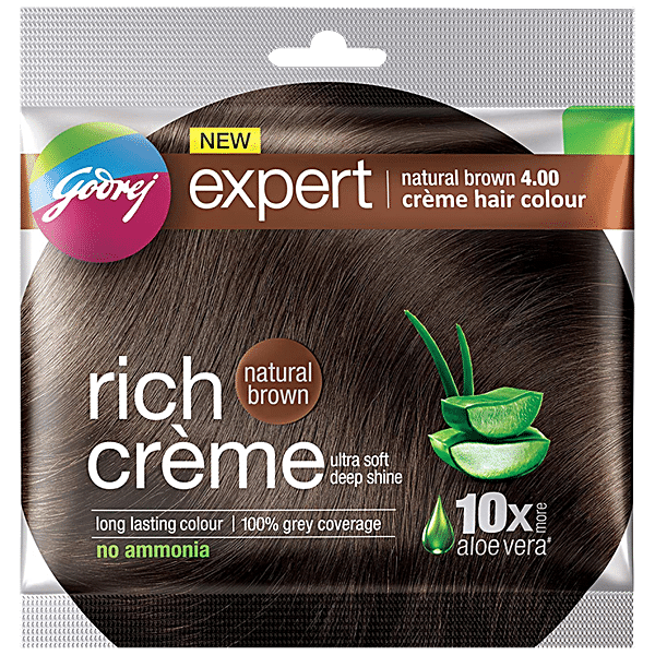 Godrej Expert Rich Creme Hair Colour - Single Use, Long Lasting, 100% Grey Coverage (20 g + 20 ml), 1 pc Shade 4 Natural Brown - GROFOO