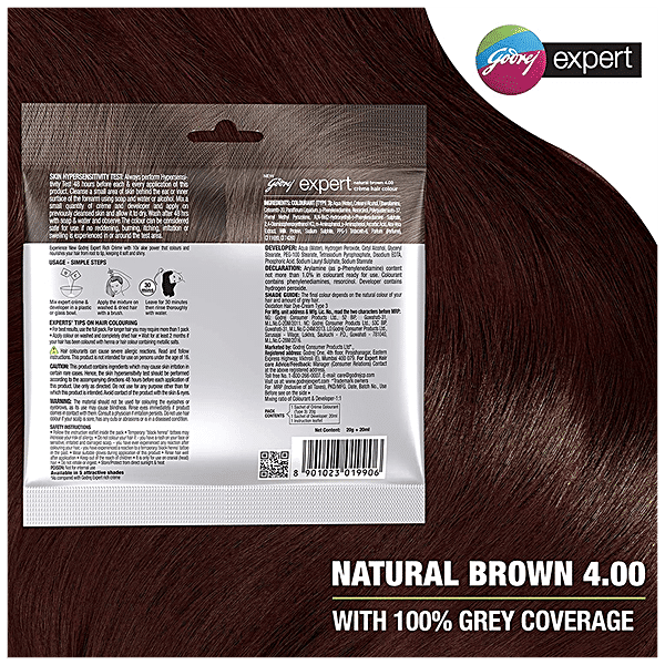 Godrej Expert Rich Creme Hair Colour - Single Use, Long Lasting, 100% Grey Coverage (20 g + 20 ml), 1 pc Shade 4 Natural Brown - GROFOO