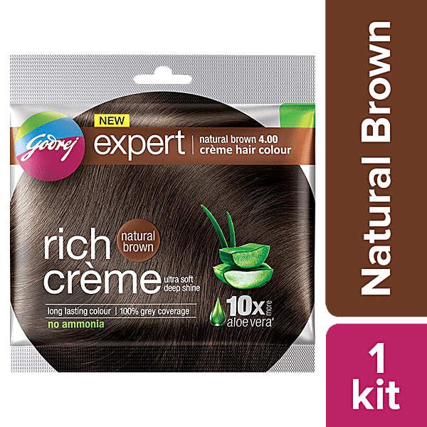 Godrej Expert Rich Creme Hair Colour - Single Use, Long Lasting, 100% Grey Coverage (20 g + 20 ml), 1 pc Shade 4 Natural Brown - GROFOO