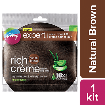 Godrej Expert Rich Creme Hair Colour - Single Use, Long Lasting, 100% Grey Coverage (20 g + 20 ml), 1 pc Shade 4 Natural Brown - GROFOO