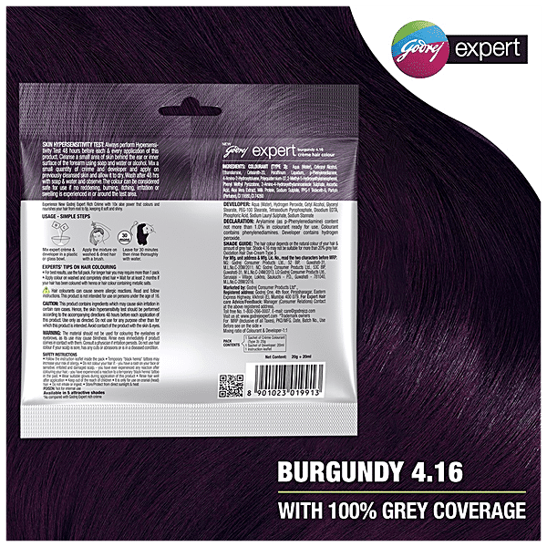 Godrej Expert Rich Creme Hair Colour - Single Use, Long Lasting, 100% Grey Coverage (20 g + 20 ml), 1 pc Shade 4.16 Burgundy - GROFOO