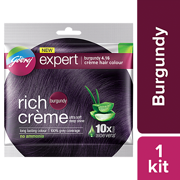 Godrej Expert Rich Creme Hair Colour - Single Use, Long Lasting, 100% Grey Coverage (20 g + 20 ml), 1 pc Shade 4.16 Burgundy - GROFOO