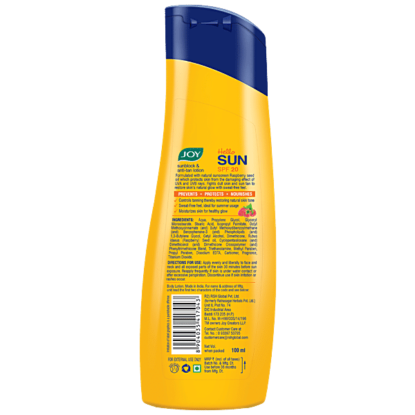 Joy Hello Sun SunBlock & Anti-Tan Lotion SPF20, 100 ml - GROFOO