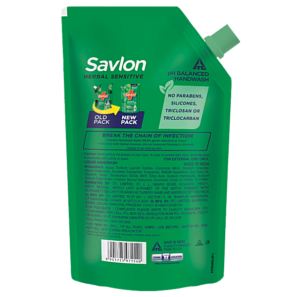 Savlon Herbal Sensitive Germ Protection Liquid Handwash - 90% Natural Origin, 675 ml - GROFOO