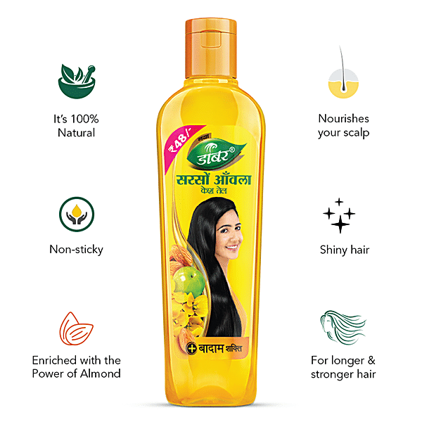 Dabur Amla Sarso Hair Oil - For Longer & Stronger Hair, 100% Natural, Enriched with Almond, 500 ml - GROFOO