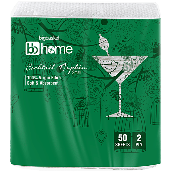 bb home Cocktail Napkin/Tissue Paper - Small, 2 Ply, 100% Virgin Fibre, Soft & Absorbent, 50 Pulls - GROFOO