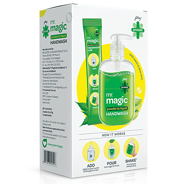 Godrej Protekt Mr.Magic Powder to Liquid Handwash - Neem & Aloe Vera, Protection Against Germs, 9 g (Empty Bottle + Refill ) - GROFOO