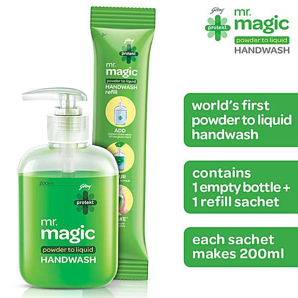 Godrej Protekt Mr.Magic Powder to Liquid Handwash - Neem & Aloe Vera, Protection Against Germs, 9 g (Empty Bottle + Refill ) - GROFOO