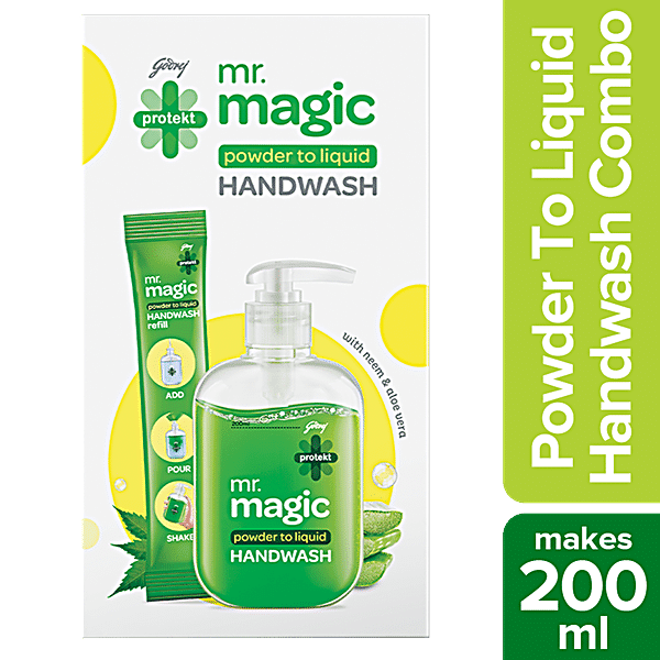 Godrej Protekt Mr.Magic Powder to Liquid Handwash - Neem & Aloe Vera, Protection Against Germs, 9 g (Empty Bottle + Refill ) - GROFOO