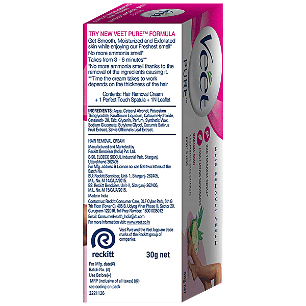 Veet Pure Hair Removal Cream - For Women, With No Ammonia Smell, Normal Skin, 30 g - GROFOO