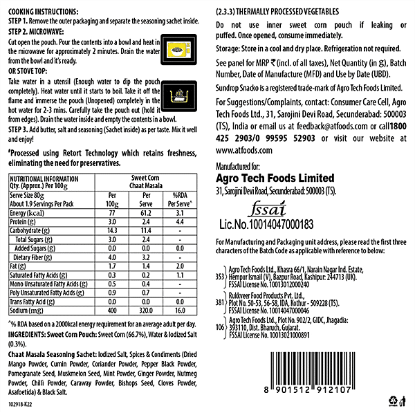 Sundrop Snacko Instant Sweet Corn - Chaat Masala Flavour, No Preservatives, 121 g - GROFOO