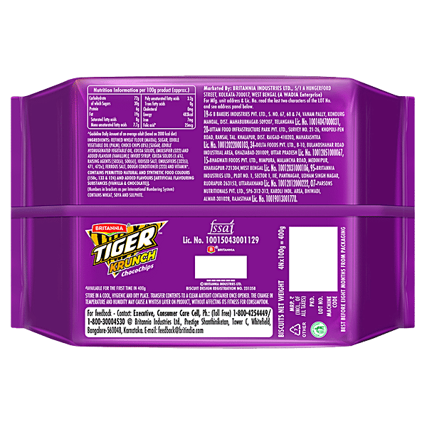 Britannia Tiger Krunch Choco Chips Biscuits, 400 g - GROFOO