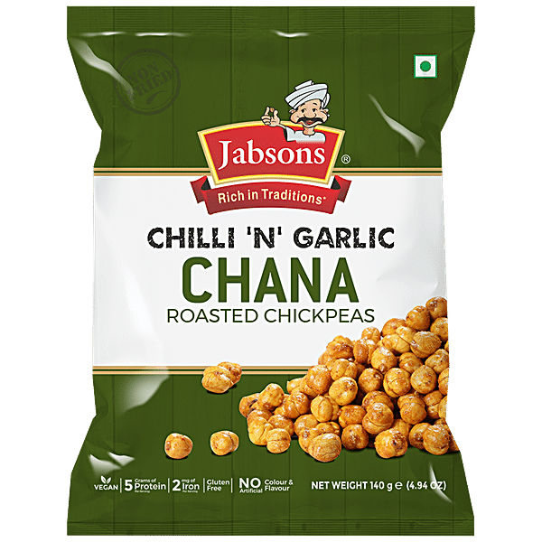 JABSONS Chilli 'N' Garlic Chana - Roasted Chickpeas, Rich In Protein & Iron, Gluten-free, 140 g - GROFOO