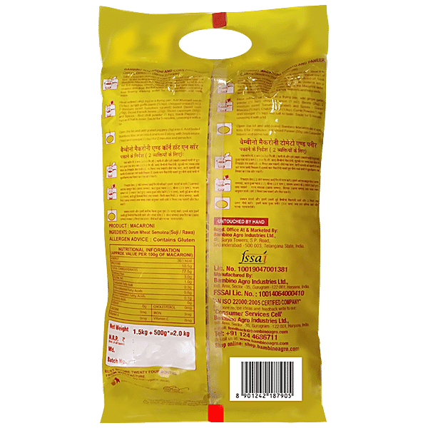 Bambino Macaroni Pasta Elbow - Made From Durum Wheat Suji, Family Pack, 1.5 kg (Get 500g Free) - GROFOO