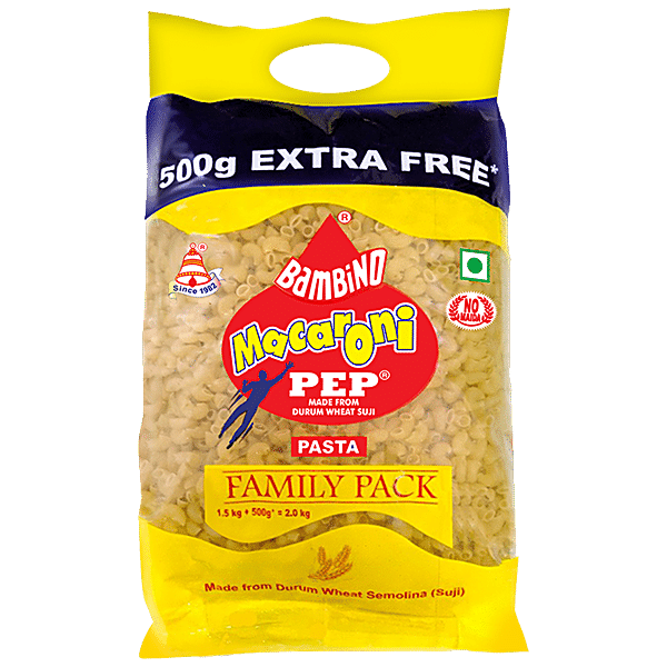 Bambino Macaroni Pasta Elbow - Made From Durum Wheat Suji, Family Pack, 1.5 kg (Get 500g Free) - GROFOO