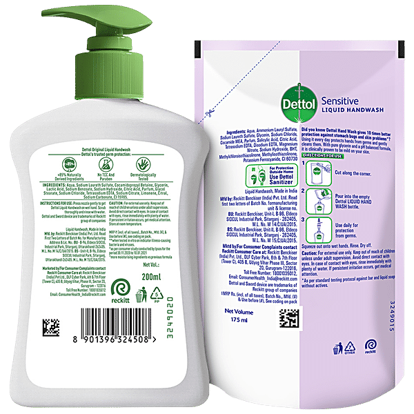 Dettol Original Liquid Handwash, 200 ml (Get Skincare pH Balanced Liquid Handwash 175 ml Refill Pack Free) - GROFOO