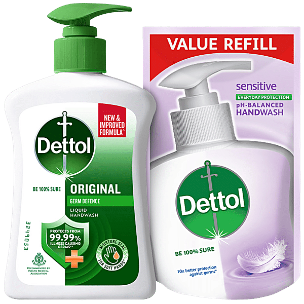 Dettol Original Liquid Handwash, 200 ml (Get Skincare pH Balanced Liquid Handwash 175 ml Refill Pack Free) - GROFOO