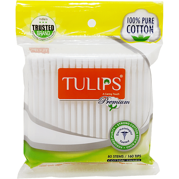 Tulips Premium Cotton Buds, 80 pcs PP Bag - GROFOO